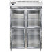 A Continental reach-in freezer with double glass doors on a stainless steel cabinet.