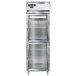 The interior of a Continental Shallow Depth Half Glass Door Reach-In Freezer with shelves.