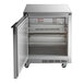 A Beverage-Air stainless steel undercounter refrigerator with a left hinged door open.
