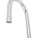 A chrome Equip by T&S wall mounted faucet with a gooseneck spout and lever handle.