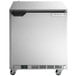 A stainless steel Beverage-Air undercounter freezer with a black handle.