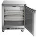 A stainless steel Beverage-Air undercounter freezer with a door open.