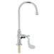 A silver T&S deck-mounted faucet with a metal wrist handle.