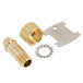 A close-up of metal parts including a brass screw and nut.