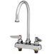 A chrome T&S deck-mounted workboard faucet with two gooseneck spouts and lever handles.