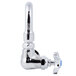 A T&S wall mounted faucet with a chrome finish and blue 4-arm handle.