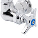 A chrome T&S wall mounted faucet with a blue 4-arm handle.