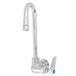 A T&S chrome wall mount faucet with a gooseneck spout and 1-arm handle.