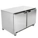 A Beverage-Air stainless steel undercounter freezer with two doors on wheels.