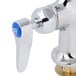 A chrome T&S deck-mounted faucet with a blue lever handle.