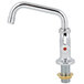 A silver Equip by T&S deck-mounted faucet with lever handles.