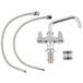 A chrome Equip by T&S deck-mounted single hole faucet with hoses and lever handles.