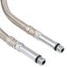 A close-up of a stainless steel hose with a hose connector on a white background.