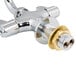 A close up of an Equip by T&S deck mounted single hole faucet with lever handles.
