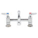 A close-up of a chrome T&S deck-mounted faucet with lever handles.