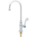 A T&S chrome deck-mounted pantry faucet with a white wrist handle.