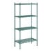 A green metal Regency dunnage shelving unit with four shelves.