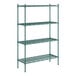 A green metal Regency dunnage shelving unit with four shelves.