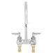 A close-up of a chrome T&S deck-mounted faucet with two lever handles.