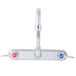 A chrome T&S wall mount faucet with two blue and red lever handles.