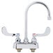 A T&S chrome deck-mounted workboard faucet with gooseneck spout and wrist handles.