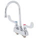 A T&S deck-mounted workboard faucet with gooseneck spout and wrist handles.