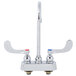 A T&S deck-mounted faucet with two wrist handles over two faucets.