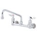 A T&S chrome wall mount faucet with two lever handles.