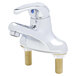 A T&S silver deck mounted single lever faucet with gold screws.