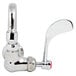 A chrome T&S wall mounted faucet with a wrist handle.