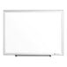 A white board with a silver metal frame.