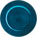 A blue Tabletop Classics by Walco plastic charger plate with a blue circle design.