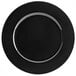 A Tabletop Classics black plastic charger plate with a silver rim.