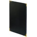 A black leather rectangular menu cover with gold corners.