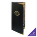 A black Menu Solutions Royal Select Series leather-like menu cover with gold trim and a gold logo.