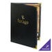 A black leather Menu Solutions booklet with gold text on the cover.