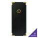 A black leather rectangular menu cover with gold trim.