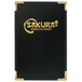 A black Menu Solutions Royal Select leather-like menu cover with gold trim and text.