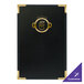 A black leather-like Menu Solutions Royal Select menu cover with gold trim.