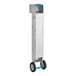A stainless steel waste oil transport container with two wheels and a handle.
