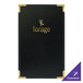 A black leather Menu Solutions menu cover with gold text.