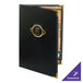 A black leather-like Menu Solutions booklet cover with gold trim and a gold logo on a table.