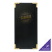 A black leather-like rectangular Menu Solutions menu cover with gold trim and custom gold text.