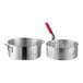 A 10-quart aluminum fry pot and steamer pot set with a perforated basket and a red-handled grip.