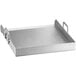 A silver stainless steel Backyard Pro griddle pan with handles.