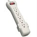 A light gray Tripp Lite surge protector with red lights on it.