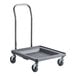A gray dish rack and glass rack dolly with a 31-inch chrome handle and four swivel casters.