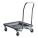 A gray dish rack and glass rack dolly with a 31-inch handle and four swivel casters.