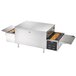 The open door of a large stainless steel Vollrath countertop conveyor oven.