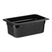 A black Cambro plastic food pan with a lid.